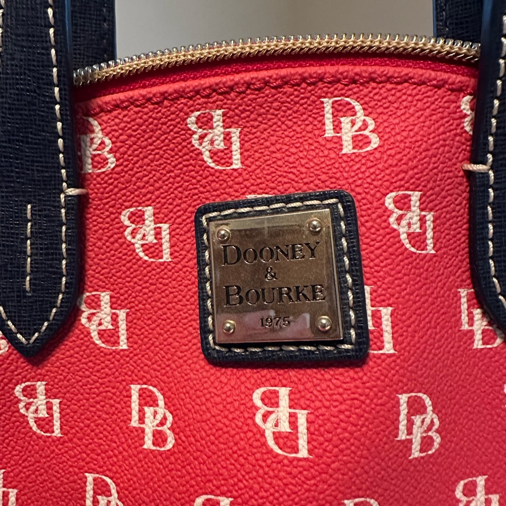 Dooney & Bourke Red DB Logo Small Satchel Navy Trim Gold Hardware - Picture 3 of 7